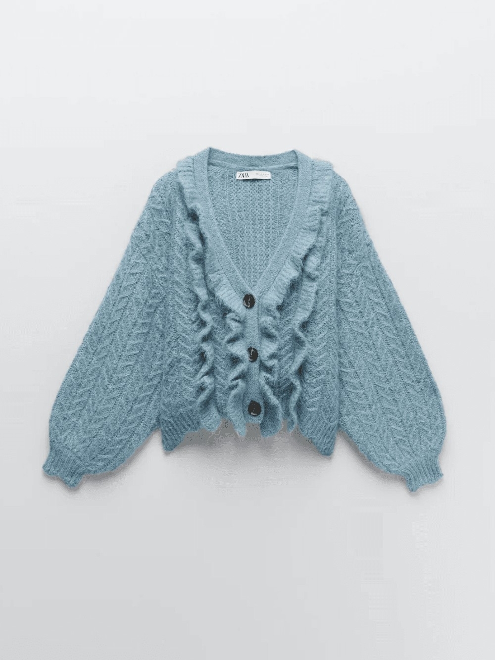 ZARA Light Blue Ruffle Cable-Knit V-Neck Cardigan